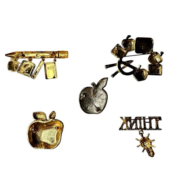 VTG Lot (5) Teacher Education Brooches Pins Apples Pencil Think Lightbulb Books - Picture 2 of 4